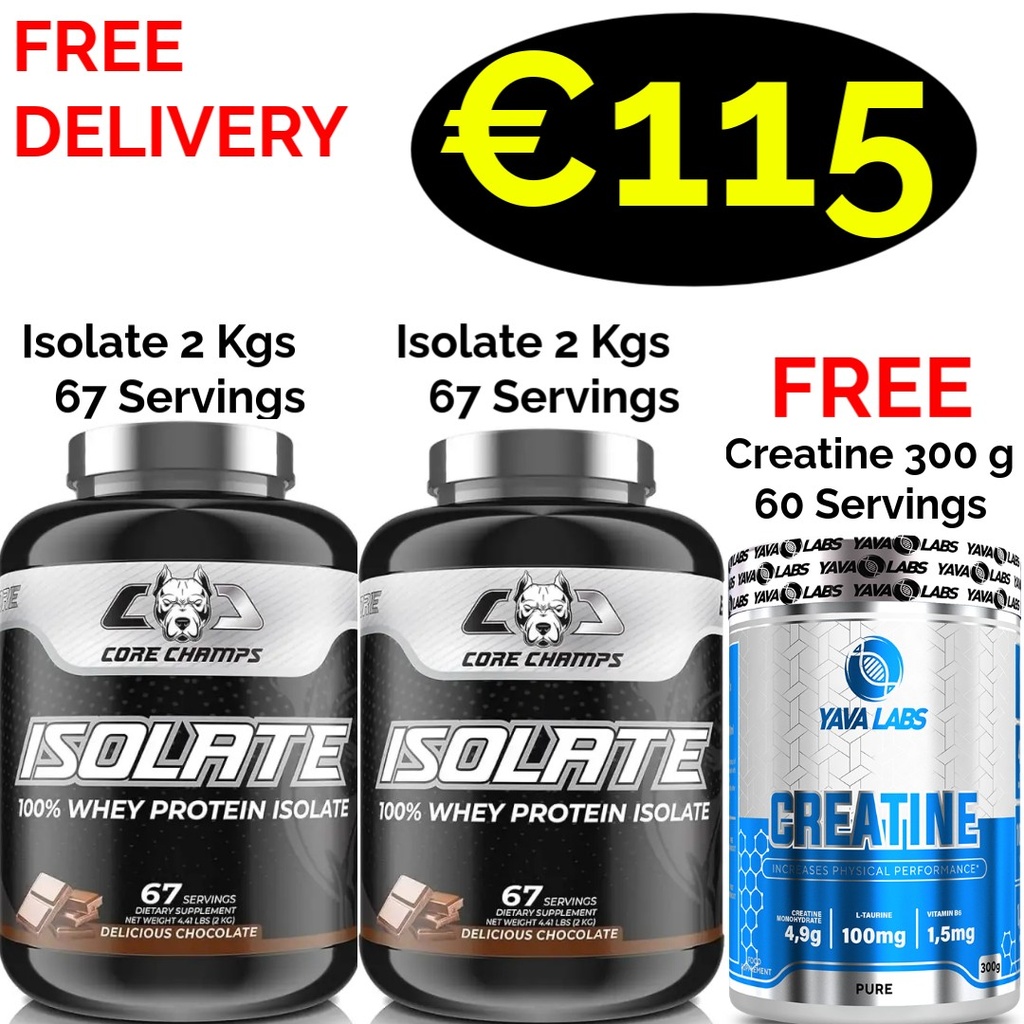1+1 CORE CHAMPS 100% ISOLATE WHEY PROTEIN 4 Kgs -134 Servings + FREE Creatine 300 g