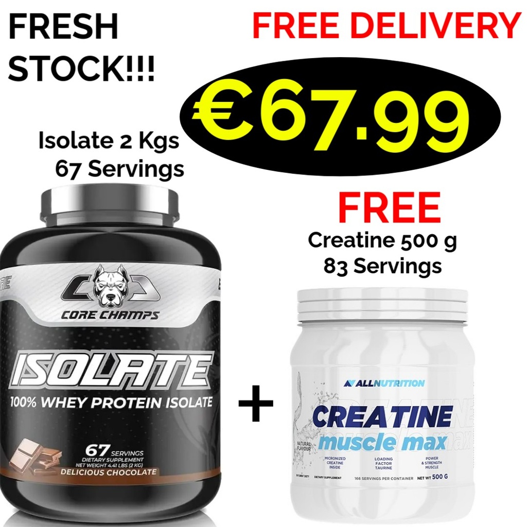 CORE CHAMPS 100% ISOLATE WHEY PROTEIN 2 Kgs - 67 Servings + Free Creatine 300 g - 60 Servings