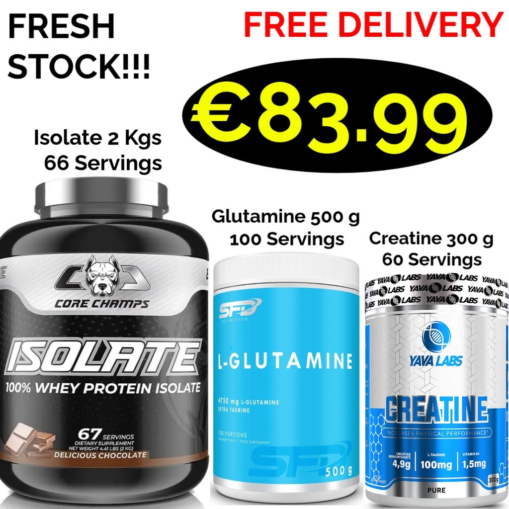 CORE CHAMPS 100% ISOLATE WHEY PROTEIN 2 Kgs - 67 Servings + FREE 500 g Glutamine + Creatine 300 g - 60 Servings