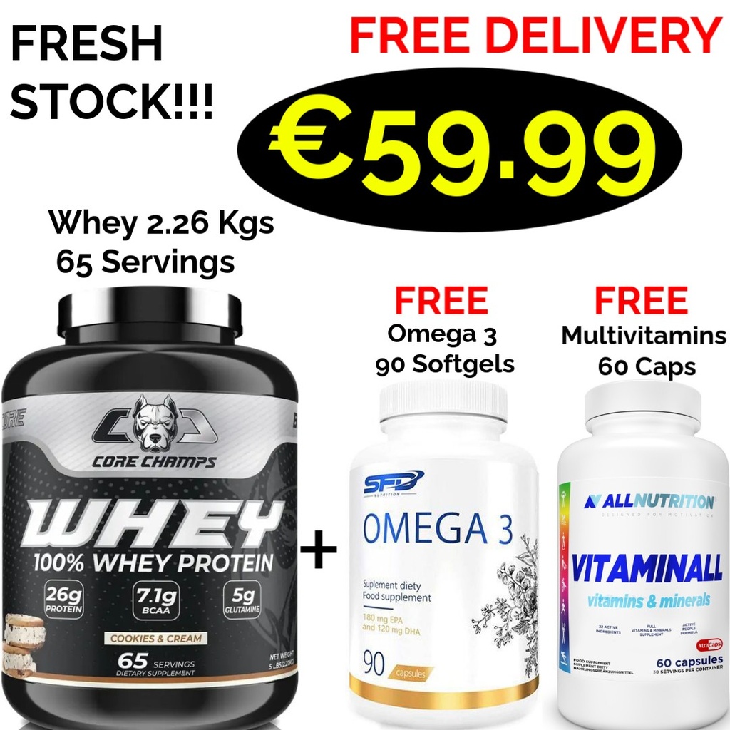 CORE CHAMPS 100% WHEY PROTEIN 2.26 Kgs - 65 Servings + 2 Products