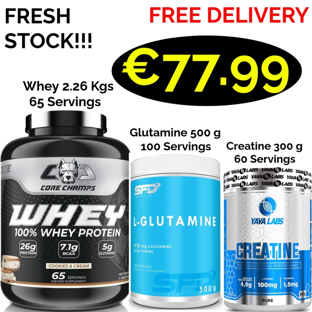CORE CHAMPS 100% WHEY PROTEIN 2.26 Kgs - 65 Servings + Glutamine 500 g + FREE Creatine 300 g