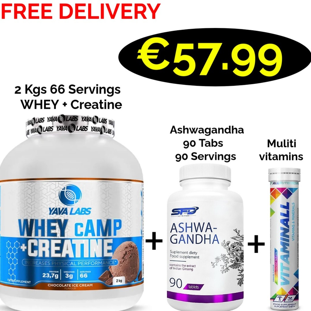 2 in 1 Yava Labs Whey cAMP + Creatine 2000 g  2 - In - 1 - 66 Servings + Ashwagandha 90 Tabs - 90 Servings + MultiVitamins